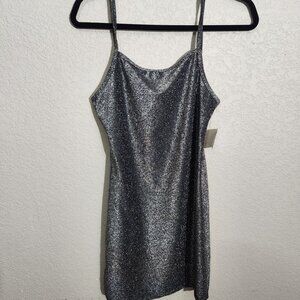 5 B Style Dress Womens Silver Black Glitter Spaghetti Strap Mini Large Juniors